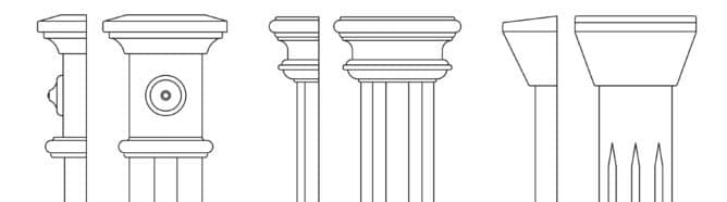 Drei verschiedene Kapitelle in der Front- und Seitenansicht.