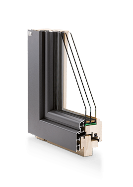 Detailansicht Holz-Aluminium-Rahmen im Querschnitt.