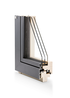 Detailansicht Holz-Aluminium-Rahmen in dunkler Optik im Querschnitt.