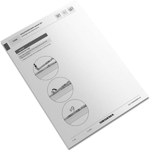 Der Infoflyer „09. Ein- und Aushängen des Flügels mit vollverdeckten Beschlag (Siegenia Axxent 24 Plus)“.